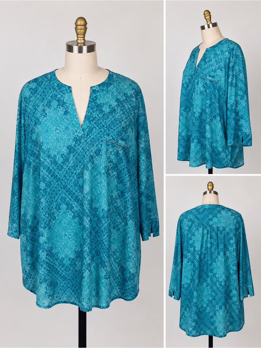 Coldwater Creek Women’s 2X Teal Geometric Print Tunic Top 3/4 Sleeve Boho